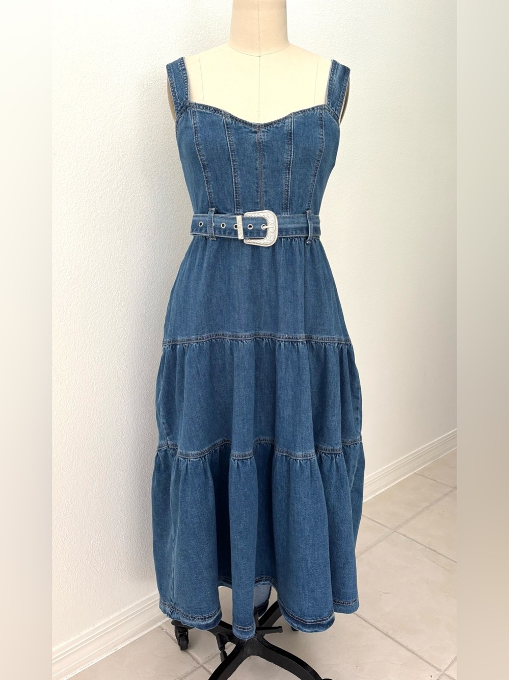 Forte Denim Tiered Hi-Lo Midi Dress NWT Smocked Western Silver Buckled Belt L